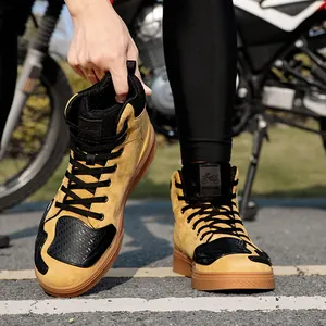 Waterproof leather motorcycle riding boots with protective gear for men in yellow brown finish
