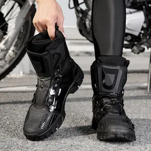 Waterproof black motorcycle riding boots with quick lace system and ankle protection