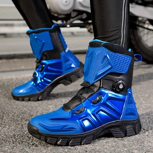 Waterproof motorcycle racing boots in blue and black with rotary lace system and armor