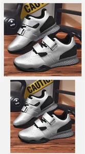 Macro view of silver lifting shoe with double velcro straps and honeycomb heel detail