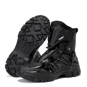 Waterproof black motorcycle riding boots with knob lacing and protective ankle armor