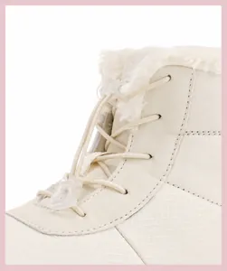 Detail of waterproof snow boot with adjustable drawcord and warm fleece lining
