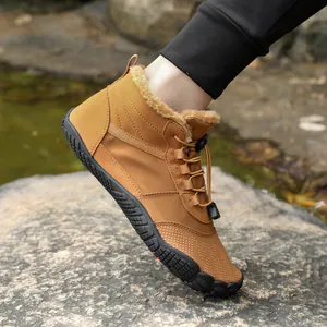 Brown barefoot winter boots with faux fur lining and non-slip sole for outdoor hiking