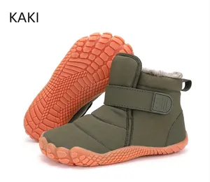 Army green waterproof barefoot snow boots with non-slip rubber soles and warm plush lining