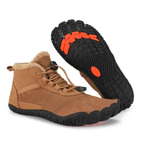 Waterproof brown barefoot snow boots with warm faux fur lining and anti-slip rubber sole