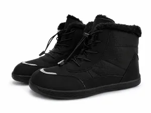 Detail of warm black winter boots showing thick plush lining and quick lacing system