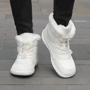 Waterproof white snow boots with faux fur lining and drawstring for winter hiking