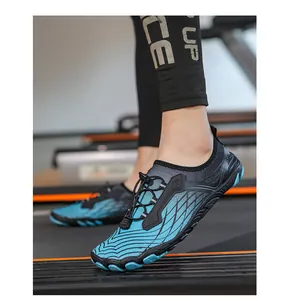 Detail of quick-dry water shoes with anti-slip rubber sole used on a treadmill