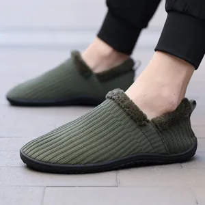 Olive green knitted slippers with thick warm lining and non-slip rubber soles