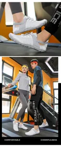 Details atmungsaktiver Outdoor-Wasserschuhe und Szene eines Paares beim Laufen im Gym