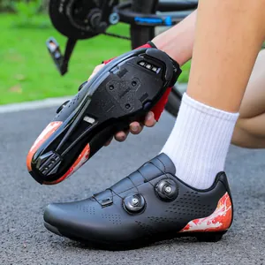 Professional cycling shoes with dual rotary dials and red flame graphic design