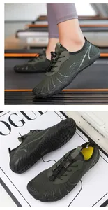 Detalle macro de la malla transpirable y la suela de goma antideslizante del zapato verde