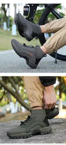 Detalle de zapatillas de senderismo de punta ancha con tejido transpirable y cuello alto
