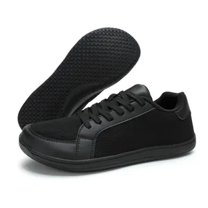 All-black barefoot wide-toe running shoes with breathable mesh and anti-slip rubber soles