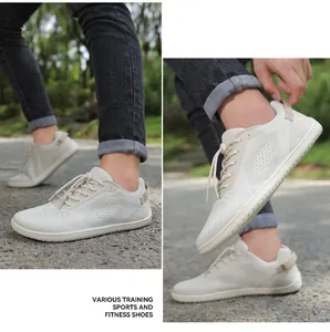 Breathable mesh barefoot kids shoes with quick lacing and thin sole in beige color