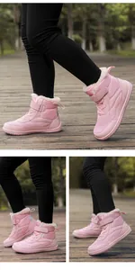 Detailed view of pink winter barefoot boots featuring warm plush lining and velcro straps