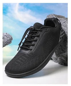 Detail of children's barefoot shoes with breathable knit fabric and quick-tie laces