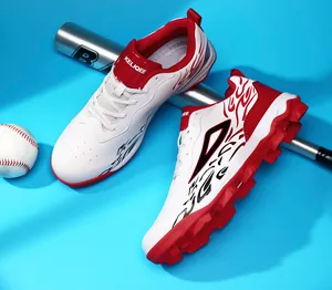 Detail of red and white professional baseball cleats with flame pattern on blue background