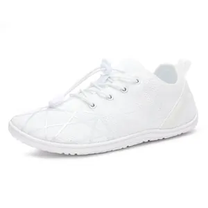 All-white wide-toe barefoot sports shoes with breathable mesh and elastic toggle laces