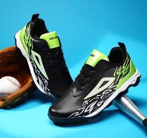Detail view of soccer cleats with neon green flame graphics alongside baseball equipment