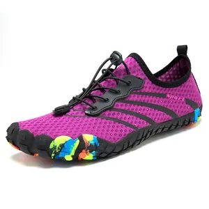 Purple quick-dry five-finger water shoe with colorful splash pattern on rubber sole