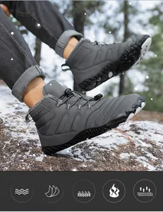 Close-up of waterproof winter snow boots with warm fleece lining and non-slip rubber sole