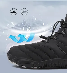 Close-up of waterproof nylon upper and rugged rubber sole on winter snow boots