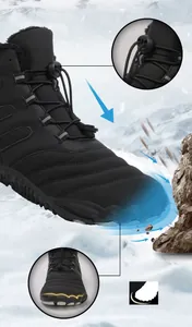 Detail of waterproof winter boots with drawstring lock and reinforced protective toe cap