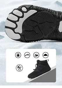 Close-up of anti-slip rubber outsole and waterproof snow boot for winter hiking