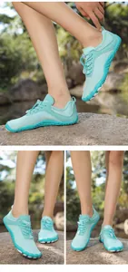 Three-view shot of light blue quick-dry barefoot water shoes for outdoor river trekking