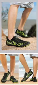 Dettagli scarpe da scoglio a cinque dita con mesh nero e suola in gomma verde antiscivolo