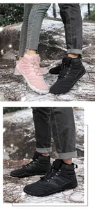 Close-up of thick fleece lining and adjustable drawstring on waterproof snow boots