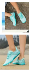 Close-up of breathable aqua shoes with mint green mesh and durable non-slip rubber sole