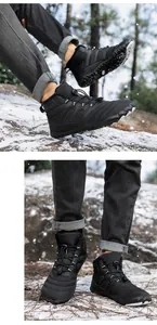 Detail of waterproof winter snow boots with thick faux fur lining and non-slip soles