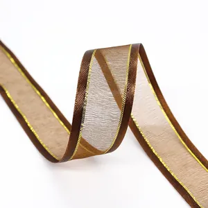 Brown chiffon ribbon with gold metallic edges and semi-transparent mesh for DIY crafts