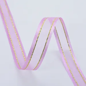 Rosa Organzaband mit Goldrand für Haarschmuck und DIY Bastelarbeiten geeignet