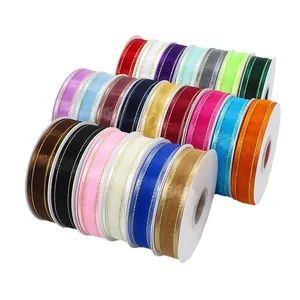 2.5cm colorful chiffon ribbons with gold edges for hair accessories and gift wrapping