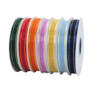 Set mit 7 farbigen 1,5 cm Stoffbändern mit goldenen Webkanten für Geschenke und Bastelarbeiten