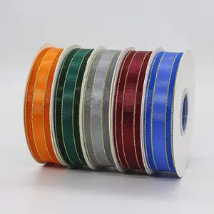 Five rolls of 2.5cm organza ribbons with gold edges in orange, green, grey, red and blue