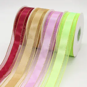 4CM gold-edged organza ribbon rolls in burgundy, gold, purple, and neon green colors