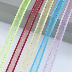 Multi-color translucent chiffon ribbon with gold metallic edges for gift wrapping