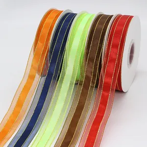 Five rolls of 2.5cm colorful sheer ribbons with gold metallic edges for gift wrapping