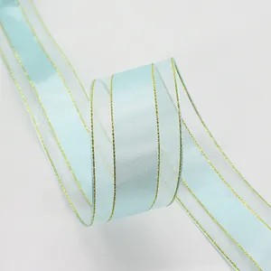 4CM light blue organza ribbon with gold metallic edges for gift wrapping and DIY crafts