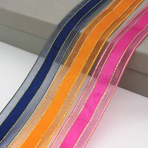 Golden edged 2.5cm organza ribbons in blue, orange, and rose for gift wrapping