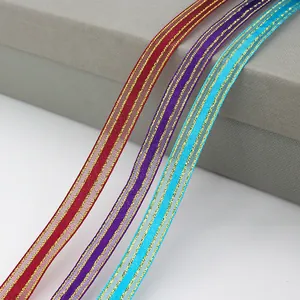 1cm gold-edged satin ribbons in burgundy, deep purple, and sky blue for gift wrapping
