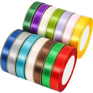 Set de cintas de raso de colores con borde metálico dorado para envolver regalos
