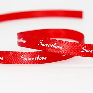 Rotes 1cm Satinband mit weißem Sweetlove-Aufdruck für Hochzeitsgeschenkverpackungen