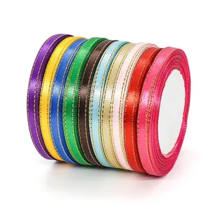 Set of 0.6cm satin ribbons with gold metallic edges in various colors for gift wrapping