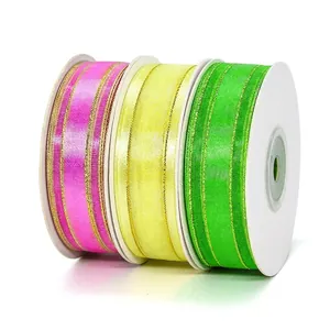 Chiffon Organza Ribbon With Gold Edge Polka Dots Polyester Sheer Ribbon For Gift Wrapping Wedding Party Flower Decoration