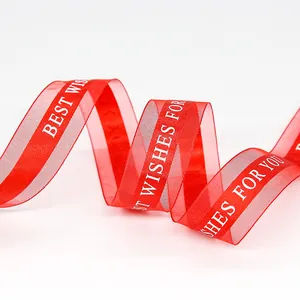 Red 2.2cm organza ribbon with white Best Wishes For You print for gift wrapping